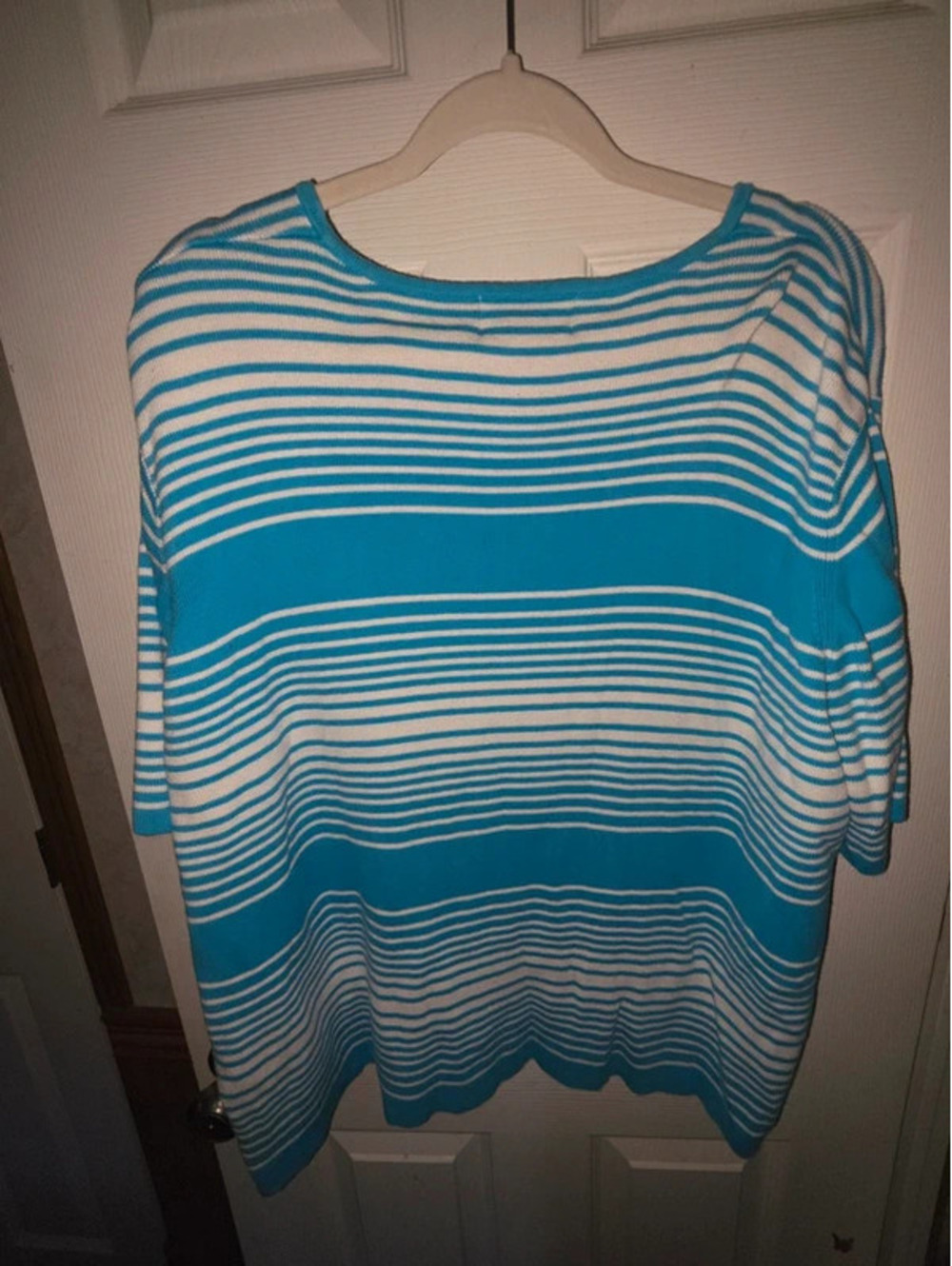 Vintage Sag Harbor Woman Striped Short Sleeve Sweater Top 3X Turquoise